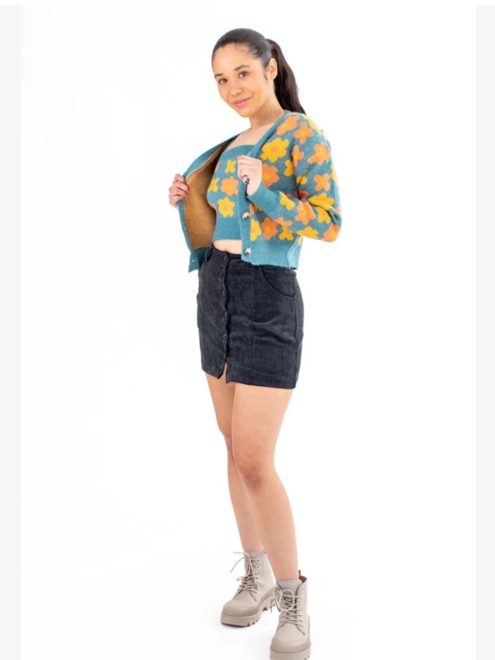 🌻HYFVE Size S Vintage Style 70s Daisy Floral Cropped Cardigan Sweater Teal Knit